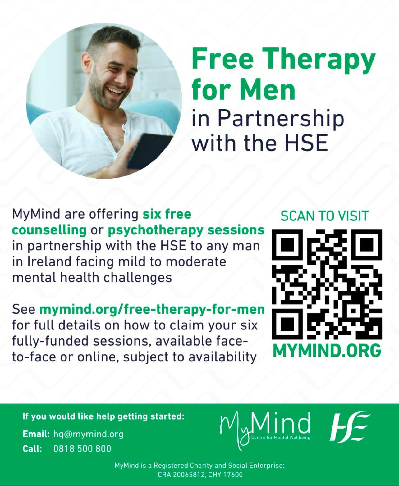 Free Therapy for Men Project in partnership with the HSE.