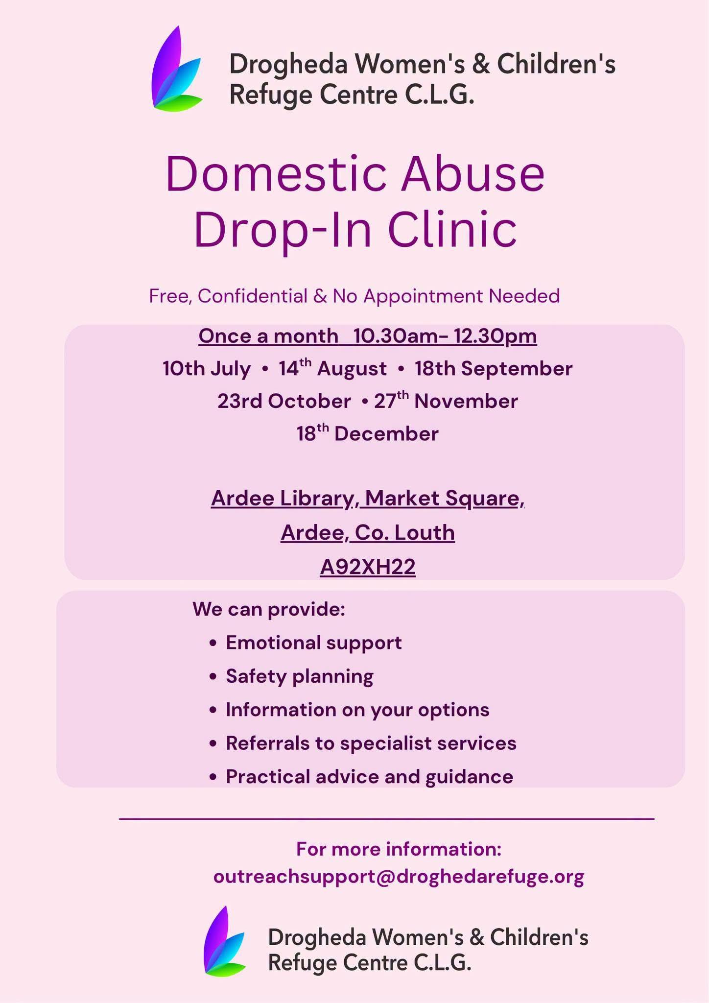 Drogheda Women's & Children's Refuge Centre Domestic Abuse Drop-In Clinic Flyer